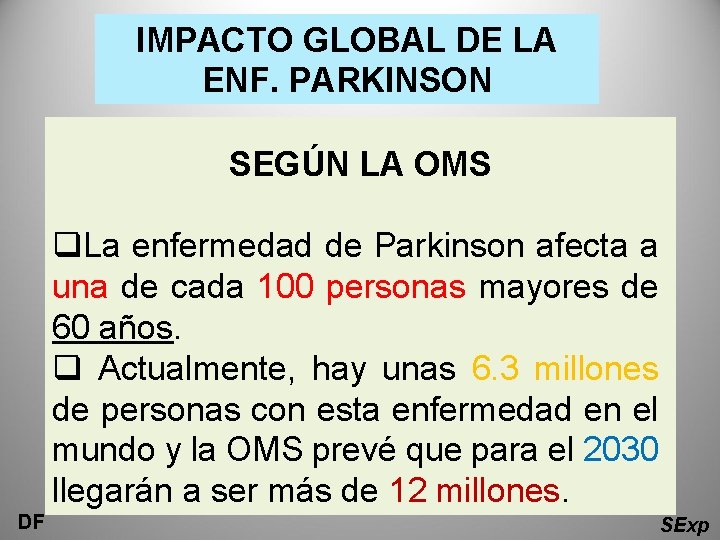 IMPACTO GLOBAL DE LA ENF. PARKINSON SEGÚN LA OMS q. La enfermedad de Parkinson IMPACTO GLOBAL DE LA ENF. PARKINSON SEGÚN LA OMS q. La enfermedad de Parkinson