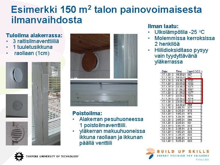 Esimerkki 150 m 2 talon painovoimaisesta ilmanvaihdosta Ilman laatu: • Ulkolämpötila -25 o. C