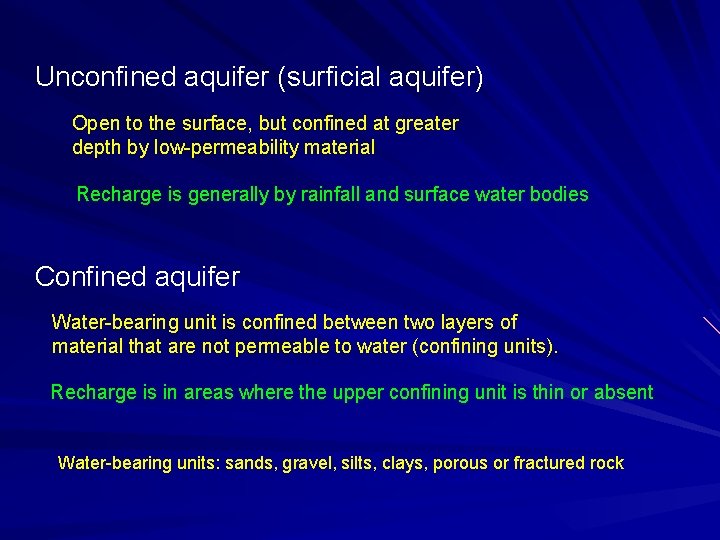 Unconfined aquifer (surficial aquifer) Open to the surface, but confined at greater depth by