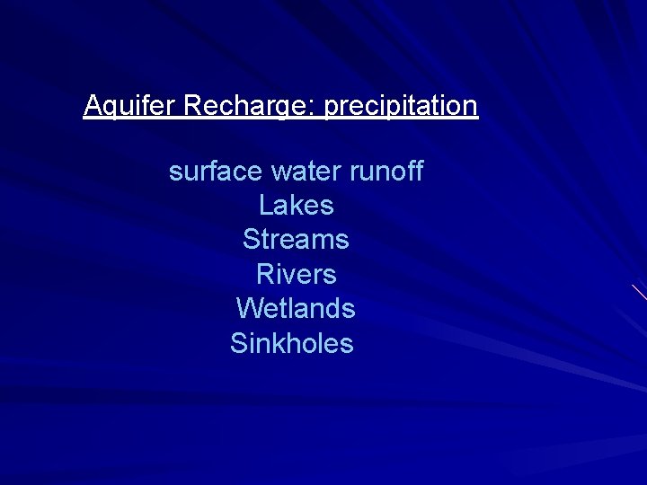 Aquifer Recharge: precipitation surface water runoff Lakes Streams Rivers Wetlands Sinkholes 