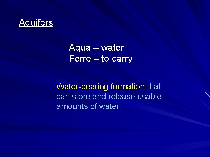 Aquifers Aqua – water Ferre – to carry Water-bearing formation that can store and