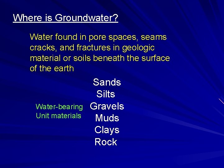 Where is Groundwater? Water found in pore spaces, seams cracks, and fractures in geologic