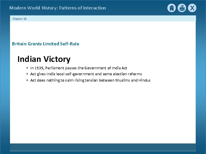 Modern World History: Patterns of Interaction Chapter 14 Britain Grants Limited Self-Rule Indian Victory Modern World History: Patterns of Interaction Chapter 14 Britain Grants Limited Self-Rule Indian Victory