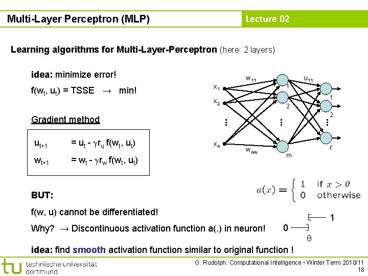 Lecture 02 Multi-Layer Perceptron (MLP) Learning algorithms for Multi-Layer-Perceptron (here: 2 layers) idea: minimize