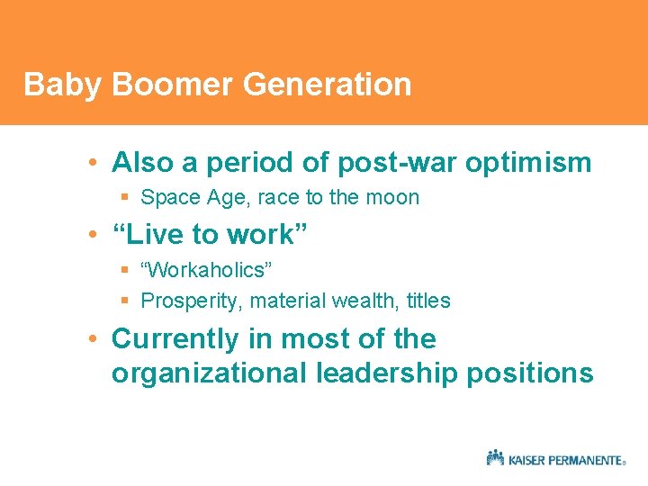 Baby Boomer Generation • Also a period of post-war optimism § Space Age, race Baby Boomer Generation • Also a period of post-war optimism § Space Age, race