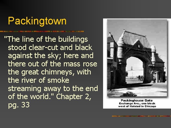 Packingtown "The line of the buildings stood clear-cut and black against the sky; here