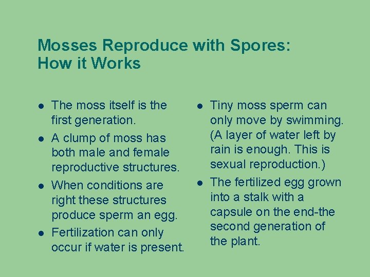 Mosses Reproduce with Spores: How it Works The moss itself is the first generation. Mosses Reproduce with Spores: How it Works The moss itself is the first generation.
