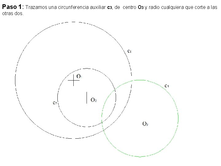 Paso 1: Trazamos una circunferencia auxiliar c 3, de otras dos. centro O 3