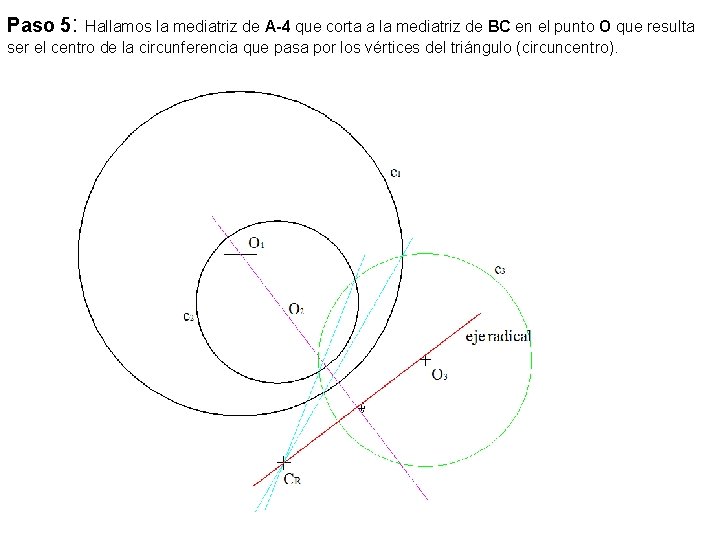 Paso 5: Hallamos la mediatriz de A-4 que corta a la mediatriz de BC