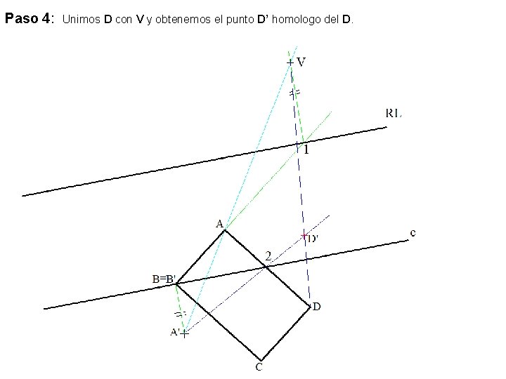 Paso 4: Unimos D con V y obtenemos el punto D’ homologo del D.