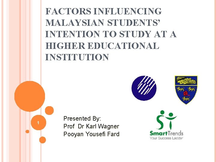 FACTORS INFLUENCING MALAYSIAN STUDENTS’ INTENTION TO STUDY AT A HIGHER EDUCATIONAL INSTITUTION 1 Presented FACTORS INFLUENCING MALAYSIAN STUDENTS’ INTENTION TO STUDY AT A HIGHER EDUCATIONAL INSTITUTION 1 Presented