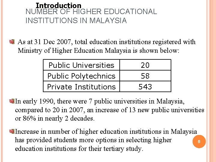 Introduction NUMBER OF HIGHER EDUCATIONAL INSTITUTIONS IN MALAYSIA As at 31 Dec 2007, total Introduction NUMBER OF HIGHER EDUCATIONAL INSTITUTIONS IN MALAYSIA As at 31 Dec 2007, total
