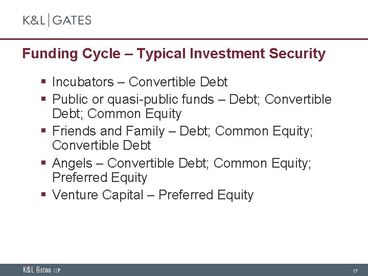 Funding Cycle – Typical Investment Security § Incubators – Convertible Debt § Public or