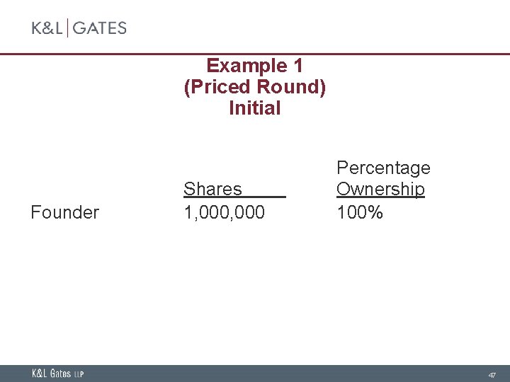 Example 1 (Priced Round) Initial Founder Shares 1, 000 Percentage Ownership 100% 47 