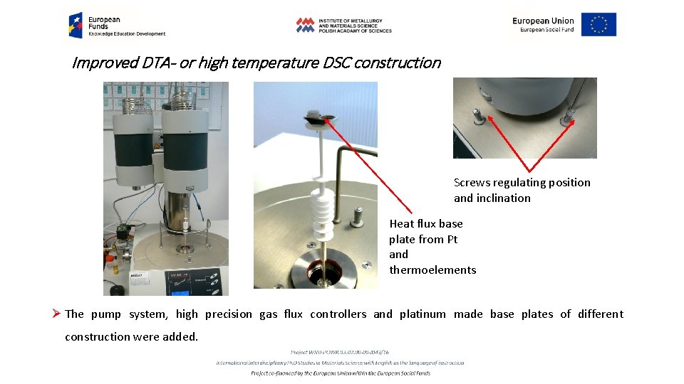 Improved DTA- or high temperature DSC construction Screws regulating position and inclination Heat flux