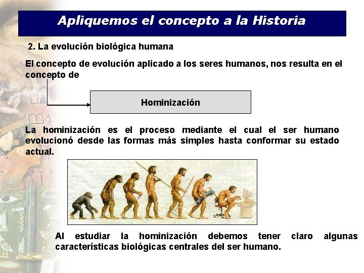 Apliquemos el concepto a la Historia 2. La evolución biológica humana El concepto de