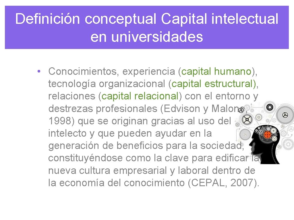 Definición conceptual Capital intelectual en universidades • Conocimientos, experiencia (capital humano), tecnología organizacional (capital