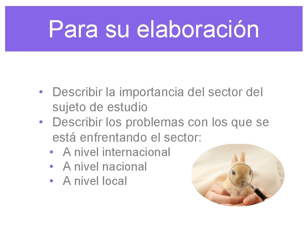 Para su elaboración • Describir la importancia del sector del sujeto de estudio •