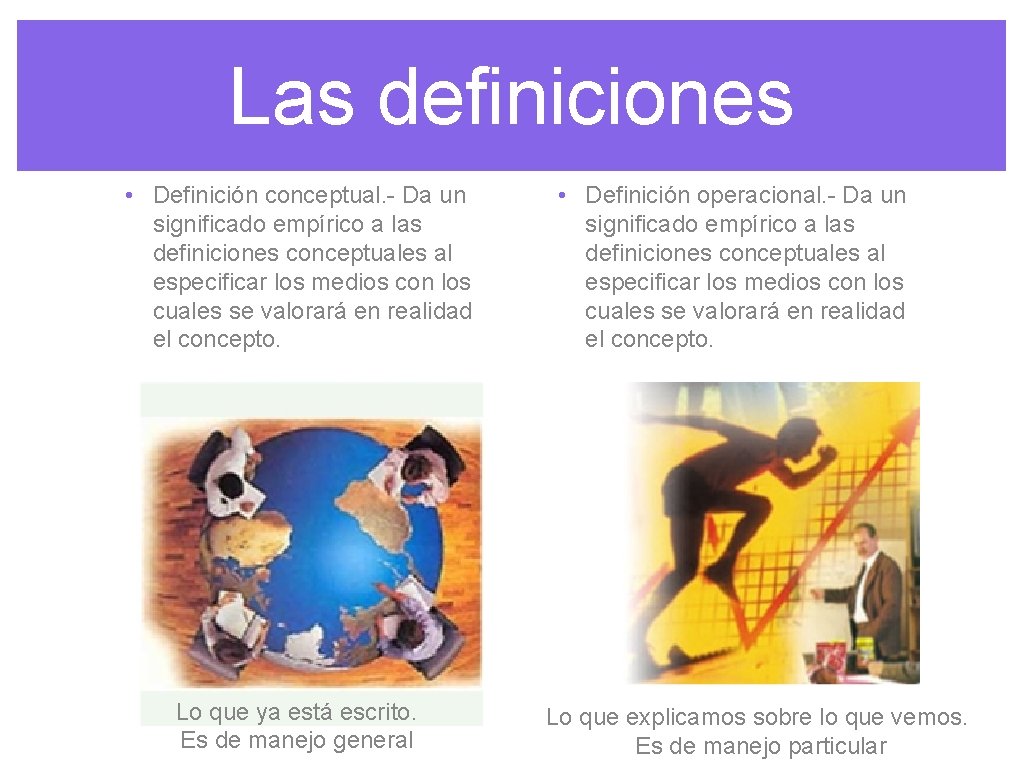 Las definiciones • Definición conceptual. - Da un significado empírico a las definiciones conceptuales