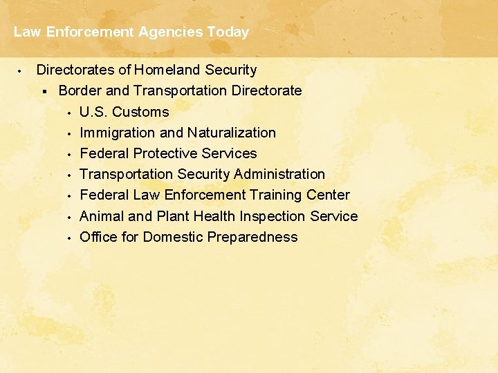 Law Enforcement Agencies Today • Directorates of Homeland Security § Border and Transportation Directorate