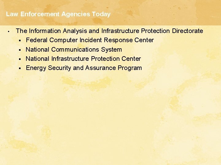 Law Enforcement Agencies Today • The Information Analysis and Infrastructure Protection Directorate § Federal