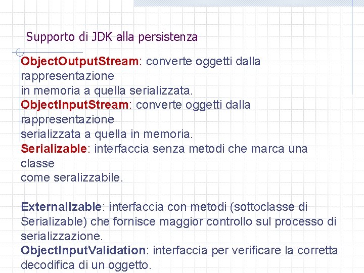 Supporto di JDK alla persistenza Object. Output. Stream: converte oggetti dalla rappresentazione in memoria