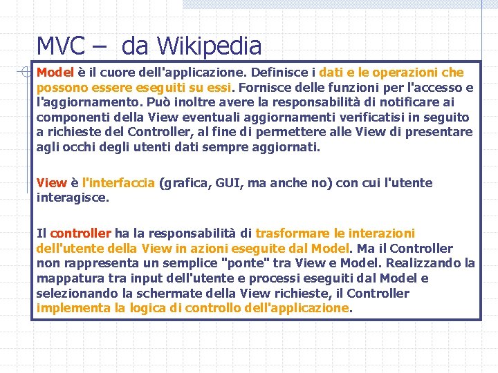 MVC – da Wikipedia Model è il cuore dell'applicazione. Definisce i dati e le