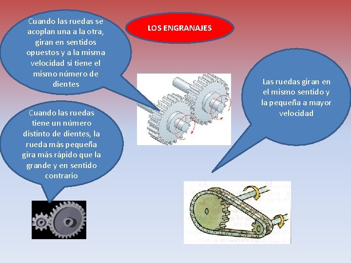 Cuando las ruedas se acoplan una a la otra, giran en sentidos opuestos y