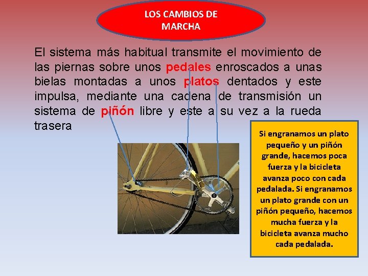 LOS CAMBIOS DE MARCHA El sistema más habitual transmite el movimiento de las piernas