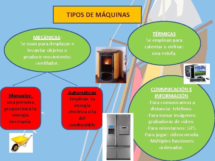 TIPOS DE MÁQUINAS MECÁNICAS: Se usan para desplazar o levantar objetos o producir movimiento: