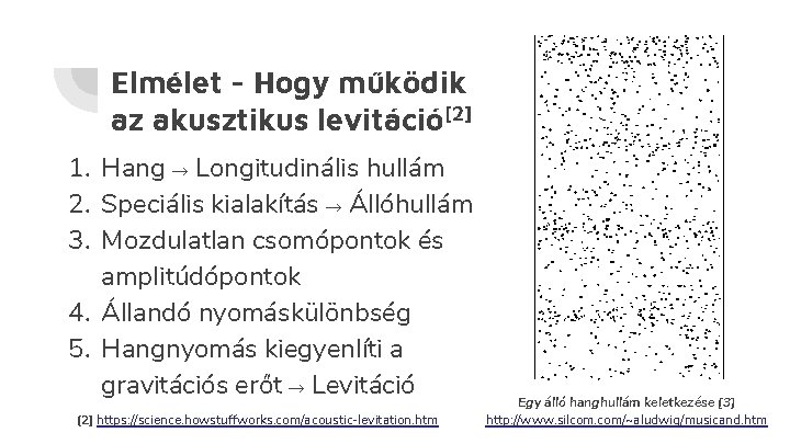 Elmélet - Hogy működik az akusztikus levitáció[2] 1. Hang → Longitudinális hullám 2. Speciális