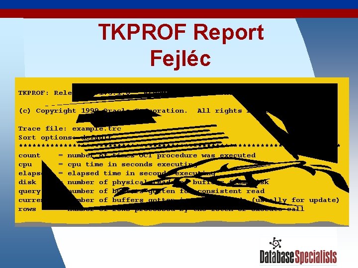 TKPROF Report Fejléc TKPROF: Release 8. 1. 6. 1. 0 - Production on Wed