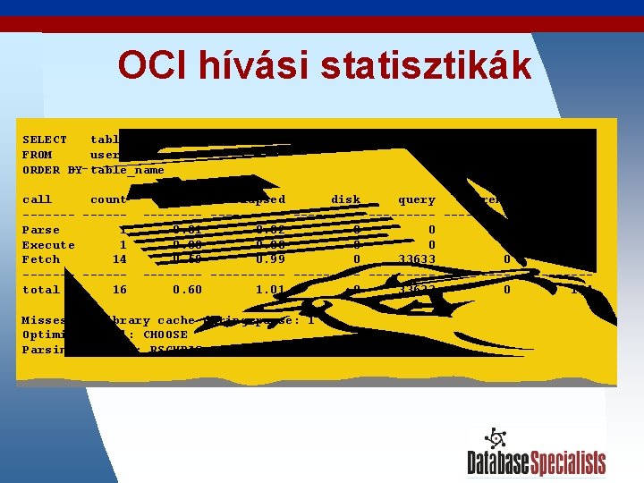 OCI hívási statisztikák SELECT table_name FROM user_tables ORDER BY table_name call count -------Parse 1