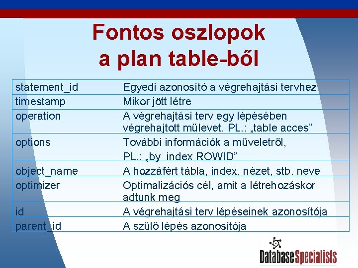 Fontos oszlopok a plan table-ből statement_id timestamp operation options object_name optimizer id parent_id Egyedi