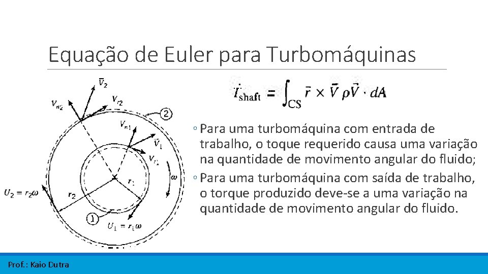 Equação de Euler para Turbomáquinas ◦ Para uma turbomáquina com entrada de trabalho, o Equação de Euler para Turbomáquinas ◦ Para uma turbomáquina com entrada de trabalho, o