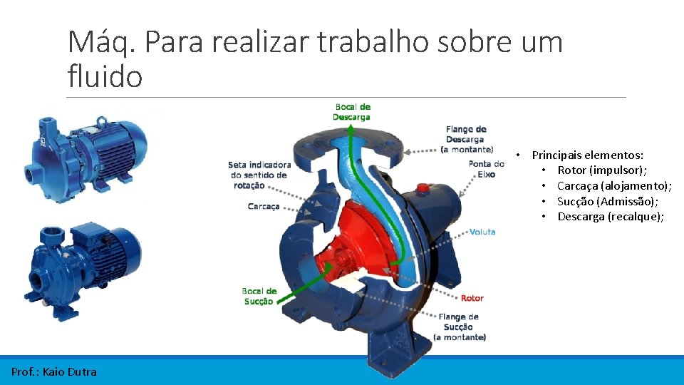 Máq. Para realizar trabalho sobre um fluido • Principais elementos: • Rotor (impulsor); • Máq. Para realizar trabalho sobre um fluido • Principais elementos: • Rotor (impulsor); •