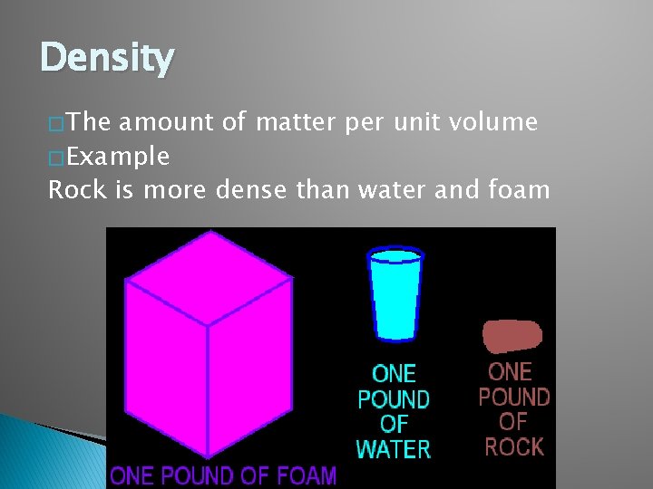 Density � The amount of matter per unit volume � Example Rock is more