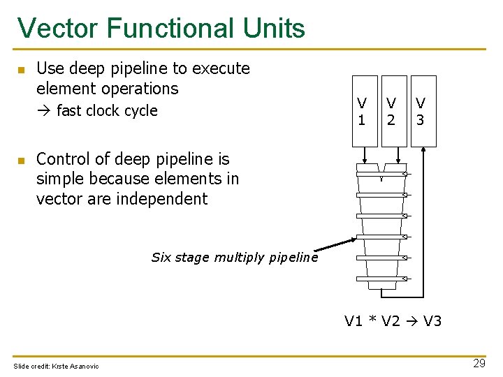 Vector Functional Units n Use deep pipeline to execute element operations fast clock cycle