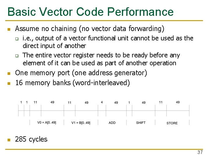 Basic Vector Code Performance n Assume no chaining (no vector data forwarding) q q