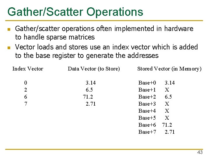 Gather/Scatter Operations n n Gather/scatter operations often implemented in hardware to handle sparse matrices