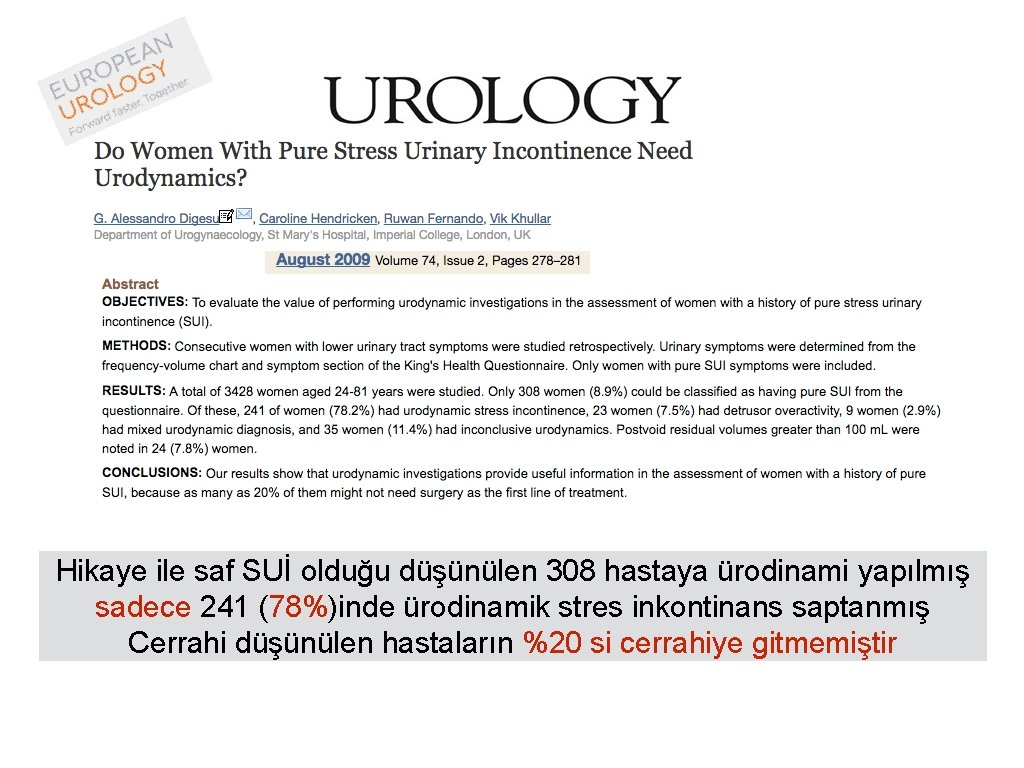 Hikaye ile saf SUİ olduğu düşünülen 308 hastaya ürodinami yapılmış sadece 241 (78%)inde ürodinamik