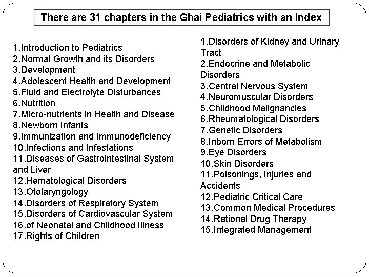 There are 31 chapters in the Ghai Pediatrics with an Index 1. Introduction to