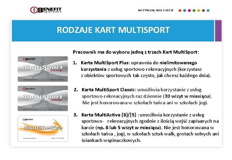 RODZAJE KART MULTISPORT Pracownik ma do wyboru jedną z trzech Kart Multi. Sport: 1.