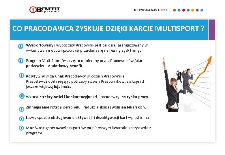 CO PRACODAWCA ZYSKUJE DZIĘKI KARCIE MULTISPORT ? Wysportowany i wypoczęty Pracownik jest bardziej zaangażowany