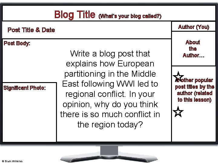 Blog Title (What’s your blog called? ) Author (You) Post Title & Date Post