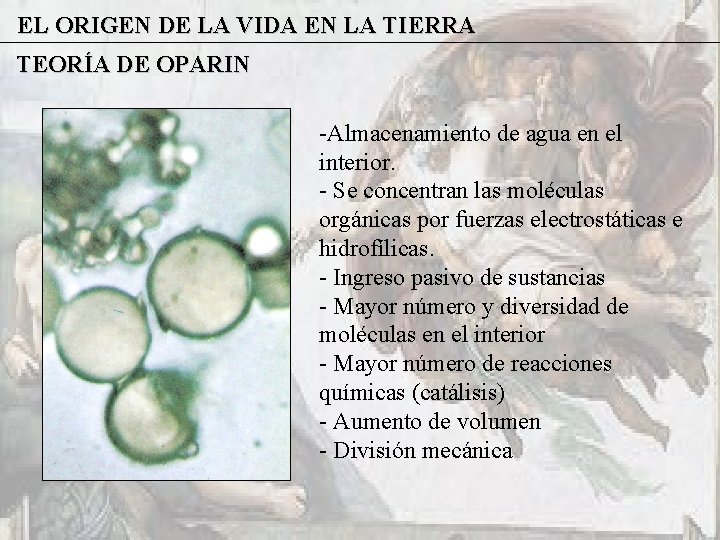 EL ORIGEN DE LA VIDA EN LA TIERRA TEORÍA DE OPARIN -Almacenamiento de agua