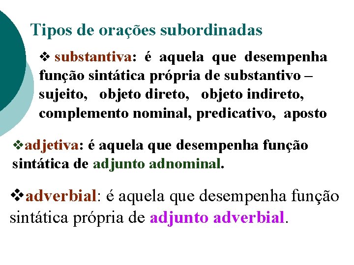 Tipos de orações subordinadas substantiva: é aquela que desempenha função sintática própria de substantivo