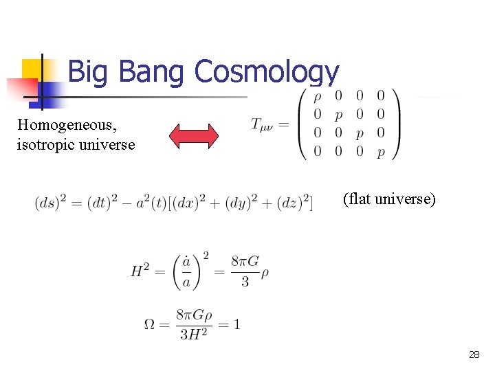 Big Bang Cosmology Homogeneous, isotropic universe (flat universe) 28 