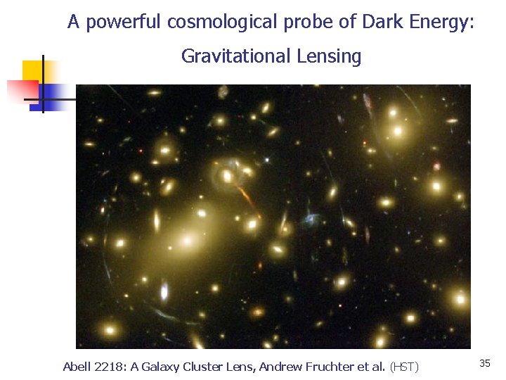 A powerful cosmological probe of Dark Energy: Gravitational Lensing Abell 2218: A Galaxy Cluster