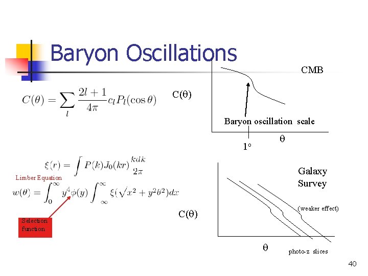 Baryon Oscillations CMB C(q) Baryon oscillation scale q 1 o Galaxy Survey Limber Equation